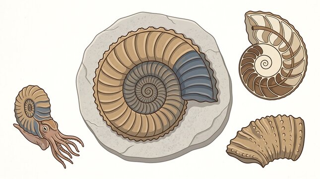 Marine fossil illustration showing ancient ammonites and a belemnite fossil