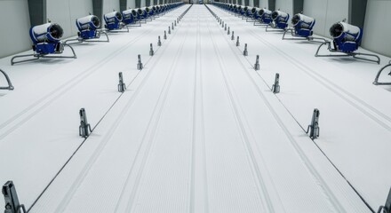 Obraz premium Birds eye view displaying symmetrical arrangement of snowmaking pipes ensuring even snow spread on indoor crosscountry ski loop.