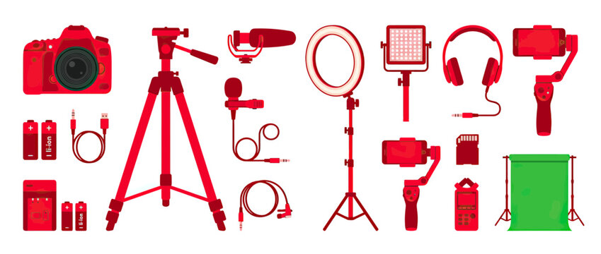 Vlogging Equipment Collection Red Isolated Flat Design