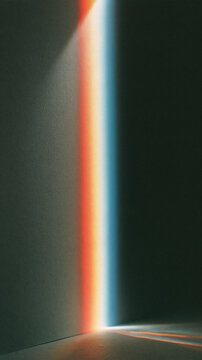 A bright vertical beam of colorful light creates a rainbow prism effect on a dark textured wall surface in a minimalist interior room