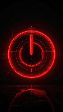 Glowing red power button symbol on a dark, reflective background