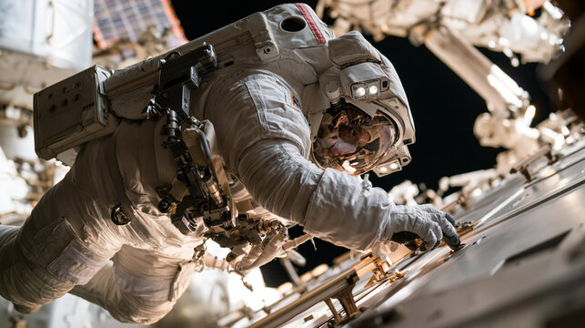 Astronaut in space suit during spacewalk outside the ISS on the International Space Station in outer space