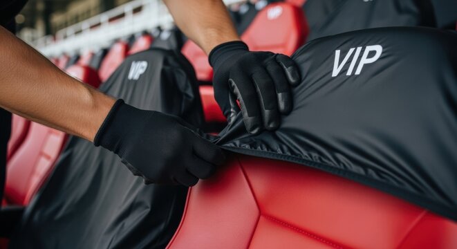 Closeup of hands securing protective seating covers on newly installed VIP grandstand bleacher seats.