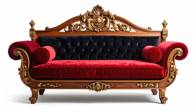 Ornate wooden sofa with velvet red cushions and dark tufted back
