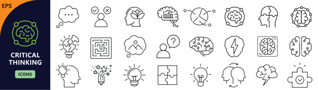 Critical Thinking icon set. Containing brain, idea, analysis, question, logic, strategy, puzzle, and more. Editable stroke. Vector illustration