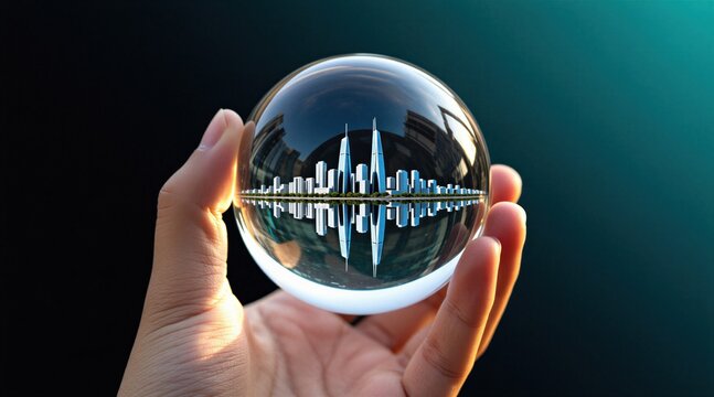 Hand holds clear glass ball reflecting cityscape. Buildings and skyscrapers in sphere show future city, urban planning. Precision, vision and strategy.