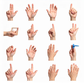 Set of hands gesturing sign language alphabet letters