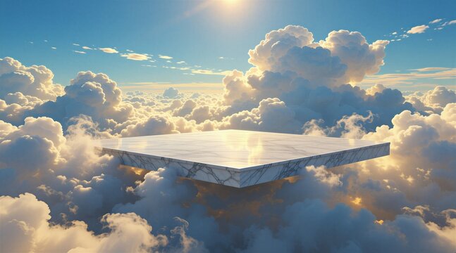 White marble platform floats high in blue sky above thick fluffy clouds. Empty stone stage sits in golden sunlight. Surreal podium looks airy, divine. Modern minimalist display surface shines with