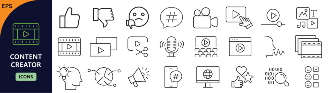 Content Creator icon set. Containing camera, microphone, blog, video, editing, streaming, influencer, and more. Editable stroke. Vector illustration