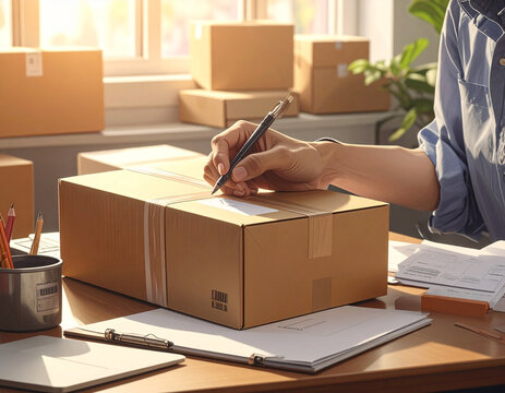 Online store owner packing and writing address on parcel box