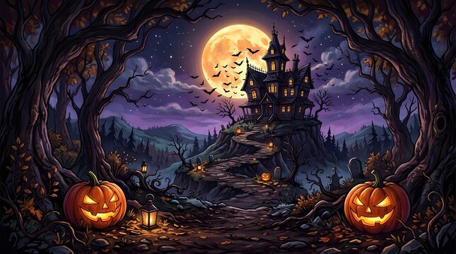 Cartoon style haunted house on a hill with pumpkins and bats