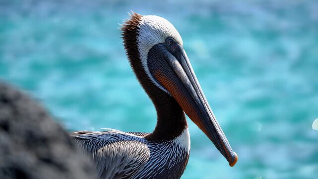 Brown pelican perched on volcanic rock by ocean