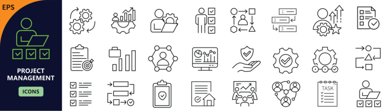 Project Management icon set. Containing planning, gantt, task, deadline, milestone, team, budget, and more. Editable stroke. Vector illustration