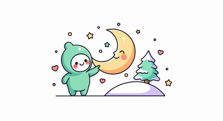 Naklejka premium Cute Green Bear Under Moonlit Night Sky Illustration