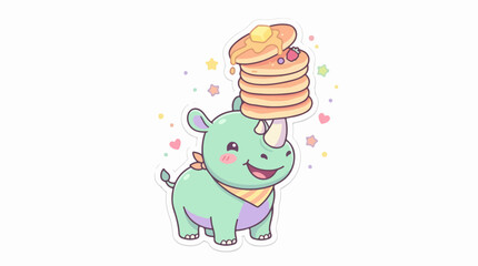 Fototapeta premium Cute Green Dinosaur Stacking Pancakes with Syrup