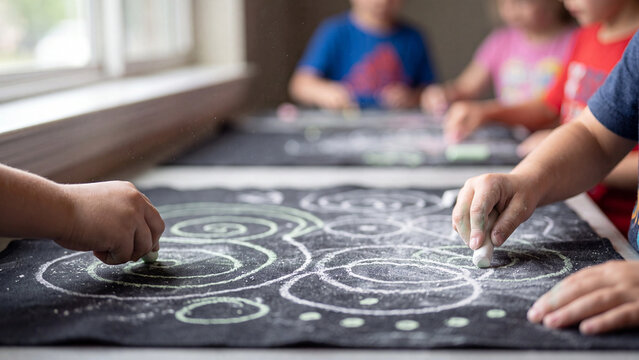 Students practice their artistic skills by sketching circular patterns with white chalk on dark mats while sitting in a classroom during a structured school lesson.
