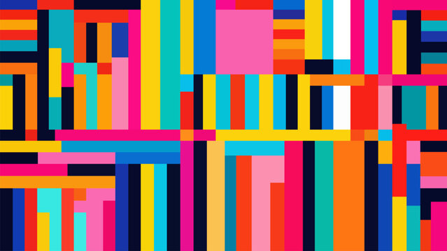 Colorful abstract geometric pattern with randomly stacked rainbow rectangles and squares. Trendy block mosaic design with colored chaotic squares for banner, poster, flyer, cover. Vector illustration