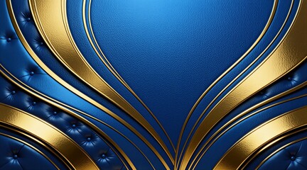 Obraz premium Deep blue leather background with glossy gold accents. Curvy lines and tufted details create a luxurious, elegant texture. Smooth surface with decorative patterns and shiny, rich style.