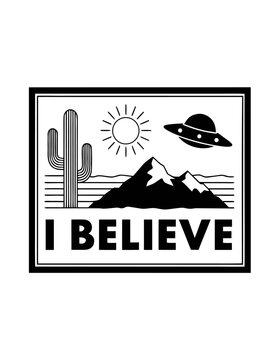Square Framed UFO Illustration with I Believe Retro Alien Theme