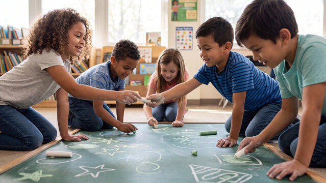 Children draw creative shapes and patterns with colorful chalk on a large black mat spread across the floor of their bright and modern classroom setting.