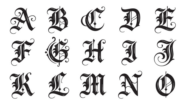 Set of ornamental gothic initial letters a to o in vintage black ink style with alphabet typography medieval