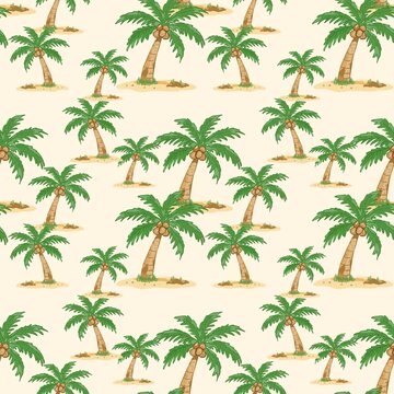 Hand-drawn tropical coconut palm tree seamless pattern background.