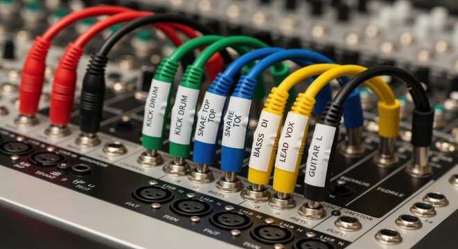 Closeup of colorcoded audio patch cables with custom labels inserted in a patchbay demonstrating professional organization in sound studios.