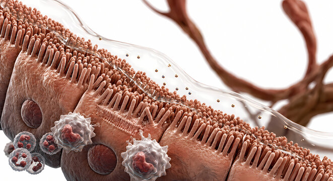 3D microscopic view of intestinal microvilli epithelial layer with immune cells and nutrient absorption