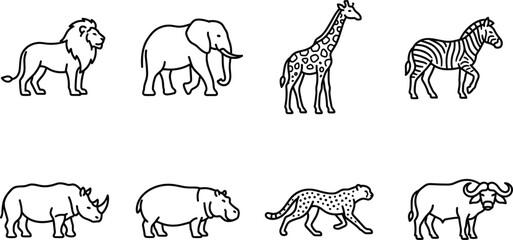 African Safari Animal Icon Set with Lion, Elephant, Giraffe, Zebra, Rhino, Hippo, Cheetah, and Buffalo Line Art Symbols © MdMustak