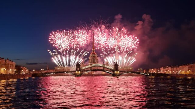 Fireworks exploding over a city bridge at night