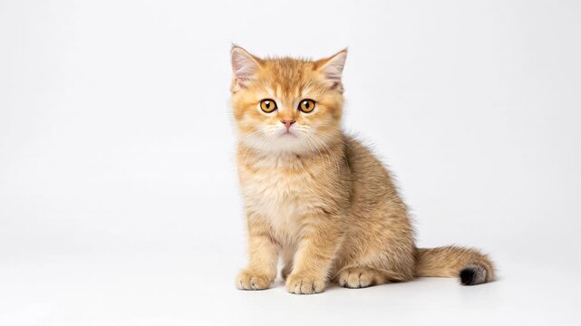 Adorable Golden British Shorthair Kitten Sitting on White Studio Background