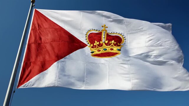 Flag with crown emblem waving in blue sky