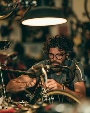 Bicycle restoration in workshop with mechanic fixing vintage bike on workbench using tools and hands-on craftwork