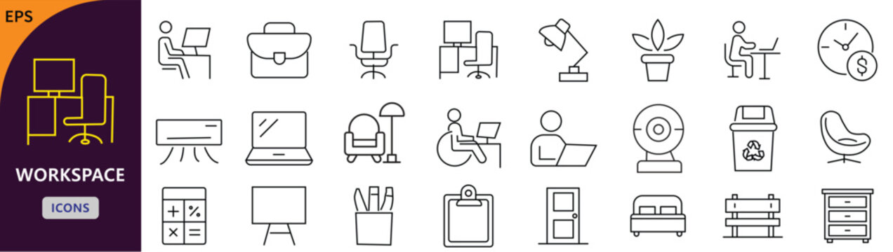 Workspace icon set. Containing desk, computer, chair, laptop, printer, folder, lamp, and more. Editable stroke. Vector illustration