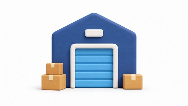 Blue 3D Storage Building with Cardboard Parcel Boxes on White Background
