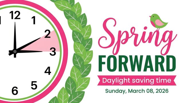Spring Forward Daylight Saving Time clock change announcement. Vibrant floral wall clock with seasonal time adjustment poster for March.