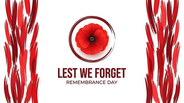Remembrance day background featuring a red poppy flower and the text lest we forget on white