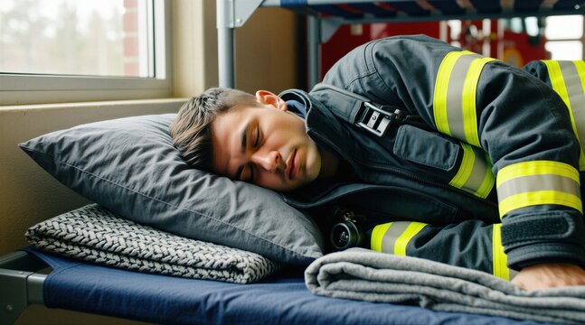Tired male firefighter slepic on cot inside fire station during long night shift. Exhausted man wearing protective uniform takes nap on bunk bed. Pro rescue personnel rests after emergency work. Calm