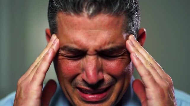 Man rubbing temples in pain from severe migraine or headache