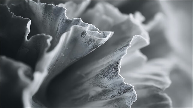 Close up of ruffled flower petals in grayscale showcasing delicate textures and forms