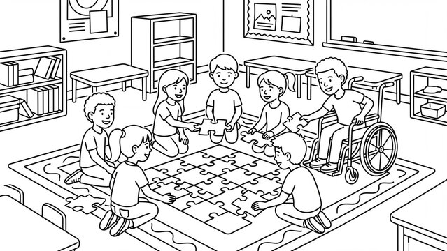 Group of diverse children including a student in a wheelchair collaborate on a large jigsaw puzzle on the floor in an inclusive classroom environment.
