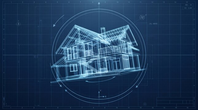 Architectural blueprint house wireframe, digital 3D home construction plan on blue grid background, residential building design concept