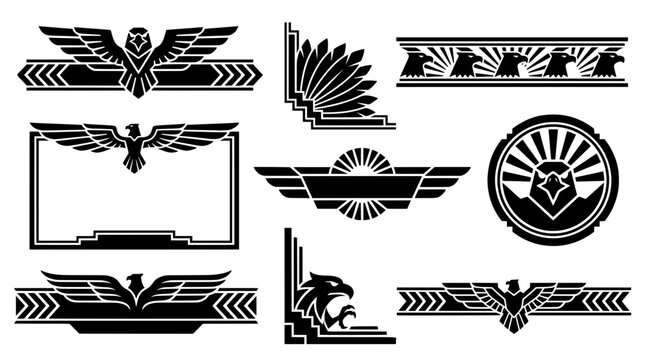 Art deco eagle stream assets vector with wing corner frames and triangular sunburst border icons collection