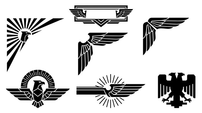 Art deco eagle wing banner frame with feather corner icon and arrow zigzag border designs collection