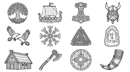 Obraz premium Norse Mythology Symbols Collection: Viking Icons