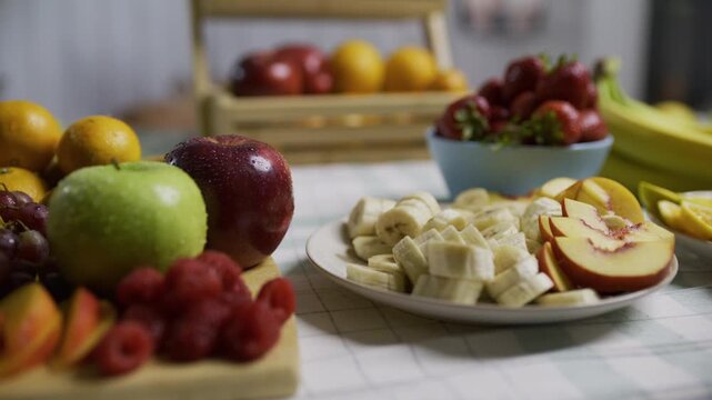 Bright, healthy fruit on plates and bowls in kitchen - tracking shot