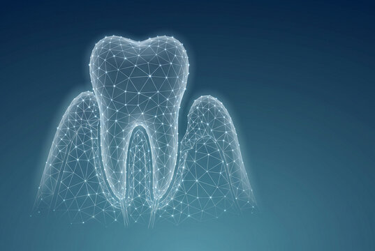 Digital Dental Illustration of Tooth and Gum Structure with Glowing Mesh Network for Medical Technology