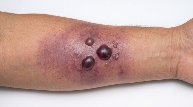 Close-up of Severe Hemorrhagic Bullae and Purple Bruising on Forearm