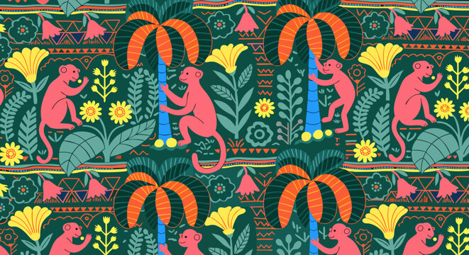 Retro hand drawn tropical summer seamless pattern. Traditional indian tapestry style background illustration. Vintage exotic nature textile print, jungle animal texture with monkey, flower, palm tree