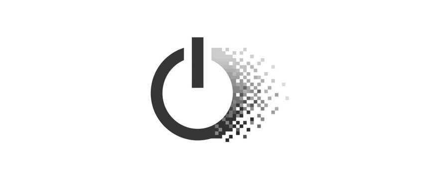 Digital power button dissolving into pixels, technology concept